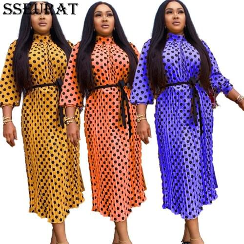 SSEURAT African Dresses For Women Dots Print Pleated Dress 2021 African Clothes Plus Size Africa Clothing Robe Dress
