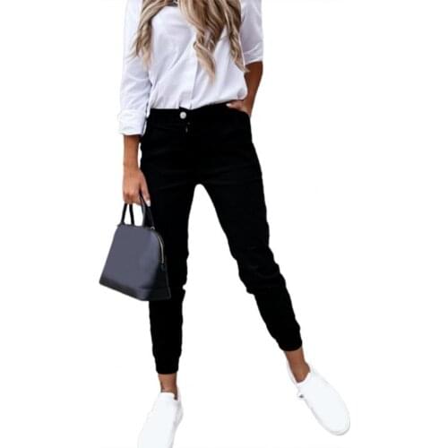 Autumn Women Bodycon Pants Solid Color Pockets All Match Ankle Tied Cropped Pants 2021 Spring Button Elegant Office Lady Trouser