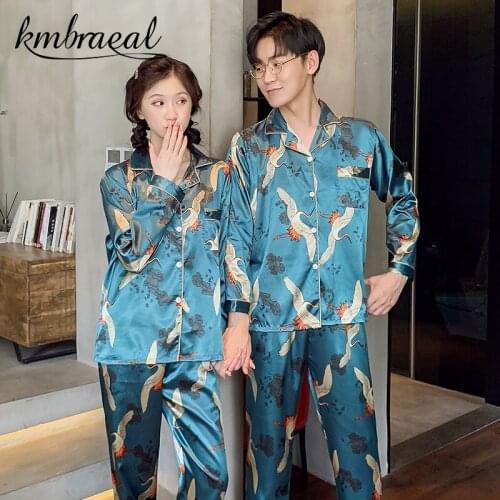 Couples Womens Pajamas Autumn Thin Emulation Ice Silk Sleepwear Summer Long Suit The Man Household To Take 2 Pieces Big Yards