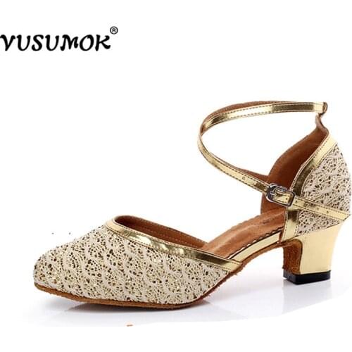 VUSUMOK Women Tange Shoes Ladies Girls Ballroom Latin Dance Shoes Moeden Salsa Dancewear Mid High Heels Plugs size 33-43