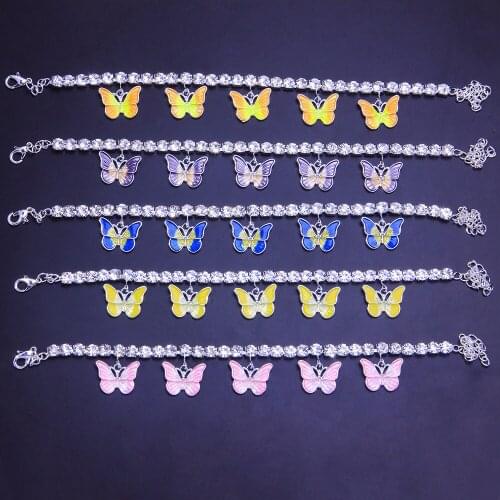 Women Foot Jewelry Butterflys Anklet Rainbow Crystal Barefoot Chain Rhinestone Leg Bracelet Iced Out Foot Chain