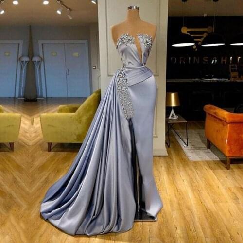 Eightale Evening Dress for Women Pleats Strapless Appliques Side Split Silver Formal Prom Dress Party dress robe de soiree