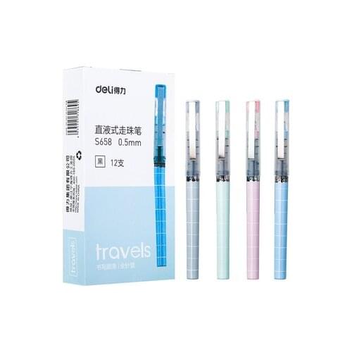 Deli S658 Straight Liquid Pen 0.5mm Full Needle Tube Signature Pen Neutral Pen Ball Pen Water Pen Black 12 pens / box