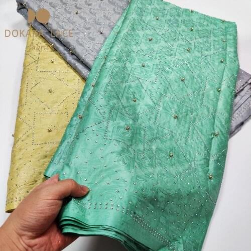 5 Yards Unique Design African Bazin Riche Lace Fabrics With Beads And Stones Green Color Guinea Lady Bride Dresses Basin Fabrics
