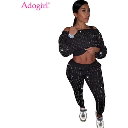 Adogirl 2020 Autumn Diamonds Two Piece Set Women Fashion Sexy Off Shoulder Long Sleeve Crop Top Pants Night Club Suits