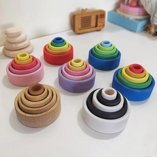 Baby Wooden Toys Color Stacking Blocks /Rainbow Unpaint Nature Wood Stackable Bowls Kids Montessori Toy 5PCS