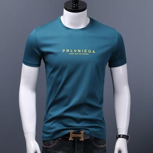 2021 Summer Mercerized Cotton Mens T-Shirt Short Sleeve Man Lake Blue T Shirt Fashion Letter Print Slim Fit Tshirt Male Tops
