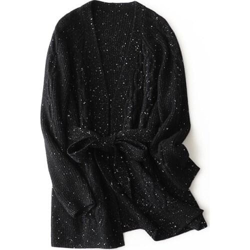 SHUCHAN Lace Up Cardigan Woman Sweaters 30% Cashmere+70% Wool Loose Cardigan V-Neck Belt Solid Thick Sweater