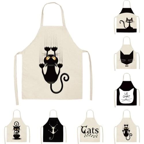 FYMX Cute Cat Apron European And American Style Creative Printing Sewing Clean Sleeveless Back Tie Linen Apron