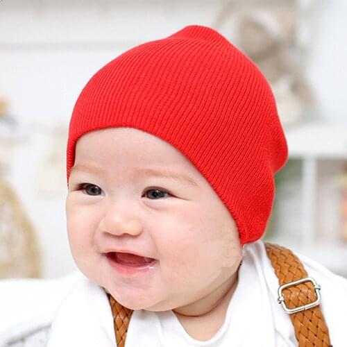 Fashion Cute Solid Knitted Cotton Hats For Newborn Baby Children Autumn Winter Warm Earmuffs Colorful Crown Caps Skullies