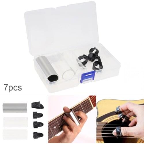 7 pcs/lot Guitar Slide Picks Kit Stainless Steel Slides Thumb Finger Celluloid with Box