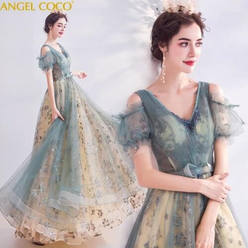 Formal Evening Dress Sequins Tulle A Line Mint Green Prom Dresses 2020 Applique vestidos de festa longo Abiti Da Cerimonia Jurk