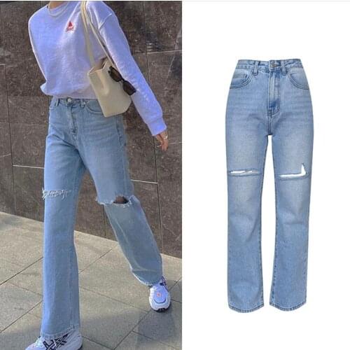 Autumn Women Jeans Pants High Waist Straight Ripped Hole Vintage Female Flare Pant Loose Style Casual Washed Blue Denim C3052