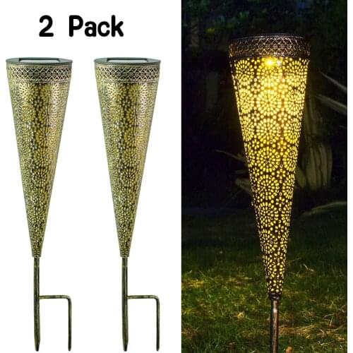 Solar Garden Lights Outdoor, 2 Pack Metal Cone Solar Stake Lights with Flower Projection Waterproof LED Solar Flame Lamp