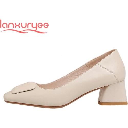 Lanxuryee spring recommend real leather square toe high heels Korean street pretty girls dating slip on modern women pumps L01