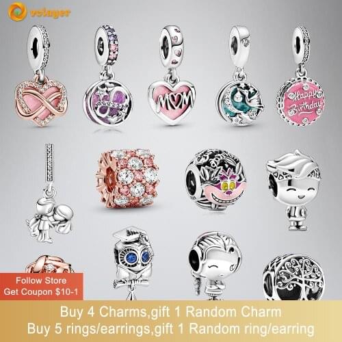 Volayer 925 Sterling Silver Bead Sparkling Infinity Heart Mum Script Heart Charms fit Original Pandora Bracelets Women Jewelry