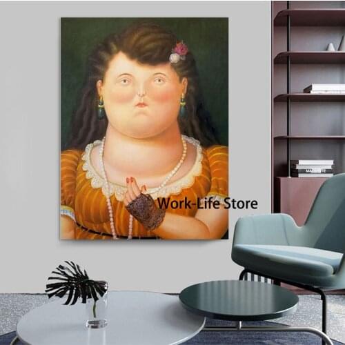 Funny Art Woman with pearl necklace Canvas Paintings By Fernando Botero Posters and Prints Living Room Wall Art Picture Decor