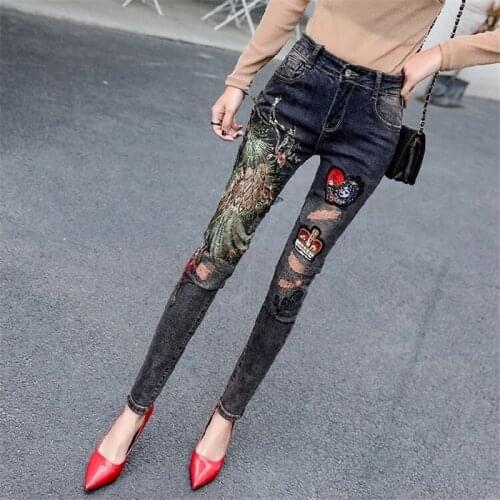 Womens Jeans 2020 Spring and Autumn Embroidered Phoenix High Waist Women Denim Pencil Jeans Plus Size Ladies Trousers W1947