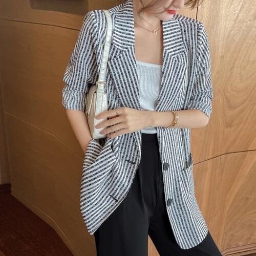 Korean Fall Long Sleeve Loose Blazer Women Casual Pockets Coats Ladies Office Lady Thin Striped Blazers Woman
