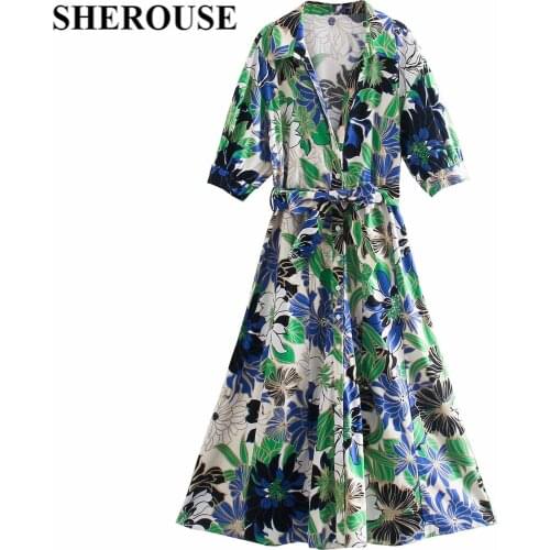 SHEROUSE Women Fashion With Belt Printed Single Breasted Midi Dress Long Sleeve Lapel Neck Vintage Female Dresses Woman Robe