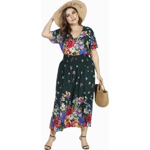 Plus Size Dresses Y2K For Women Fashion Flower Printing Green Short Sleeve Dress Urban Casual Wavy Patchwork Loose Robe платье