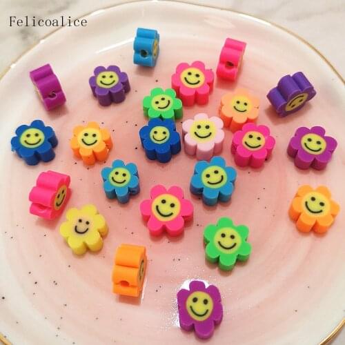 20pcs 10mm Smiley Face Polymer Clay Flower Shape Spacer Beads For DIY Handmade Jewelry Craft Accessories