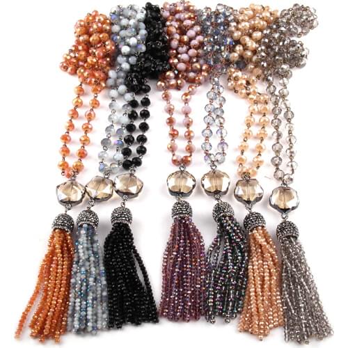 Fashion Bohemian Tribal Jewelry Glass Crystal Rosary Chain Black Gun Plum Blossom Crystal Link Tassel Necklaces