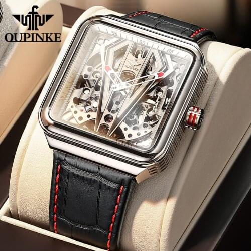 OUPINKE Steampunk Watch Men Automatic Skeleton Mechanical Watch Sapphire glass Square Leather Transparent sports Wristwatch