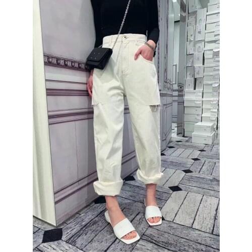 New 2021SS Spring Women Casual White Cut Hole Denim Pants Ladies Fashion Jeans Ddxgz2 3.04