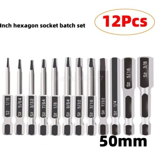 12 Pcs 50MM Inner Hex Electric Wrench 1/4 Inch S2 Alloy Steel Imperial Magnetic Socket Screwdriver Bit Set Hexagon Head Drill