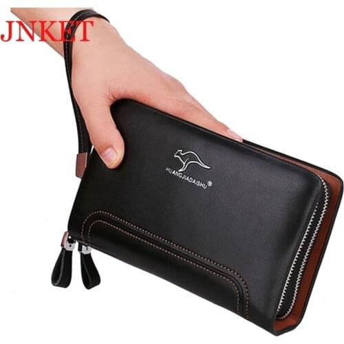 JNKET New Men Cowhide Leather Clutch Wallet Large Capacity Clutch Bag Double Zippers Wallet Multifunction Wallet Handbag
