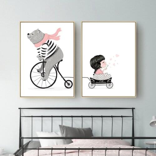 Cycling bear and Little Girl Posters and Prints Wall Pictures For Kids Room Canvas Painting Baby Room Home Decor Print Painting