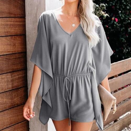 Women Casual Bodysuit Sexy V-neck Summer Thin Jumpsuit Shorts Shorts Sleeve Lacing Waist Loose Romper 3XL Streetwear Playsuit
