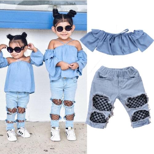 2PCS Newborn Kids Baby Girl Clothes Blue Off Shoulder Crop Tops Denim Hole Pants Outfits Baby Summer Clothing Set 1-4Y