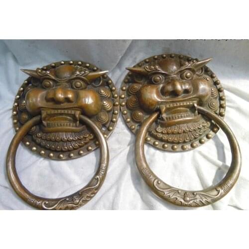 L 30 cm China Brass carved finely luck bat tiger knocker pair sculpture statues