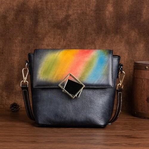 Retro Hand Painted Small Genuine Leather Women Bag 2021 New Winter Female Fashion Nature Soft Cowhdie Shoulder Crossbody Bags