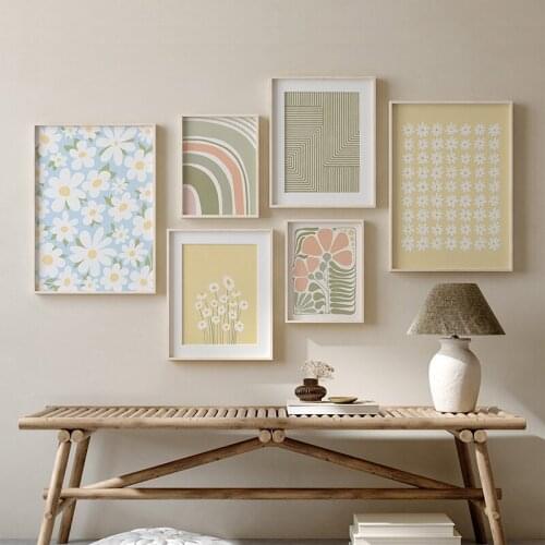 Small Floral Geometric Lines Abstract Retro Pastoral Style Wall Art Canvas Painting Nordic Poster Picture Living Room Decoration