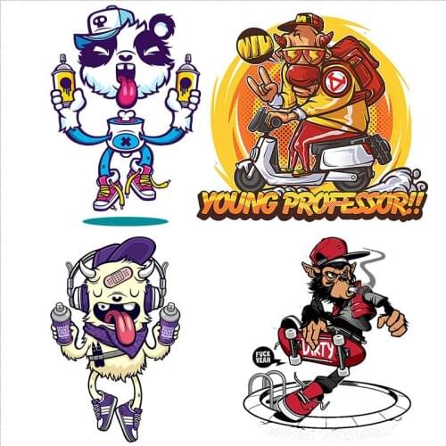 Hip hop trend Fashion animals Heat transfer Stripes Cool monkey skateboard heat-sensitive patches stickers on clothes patches