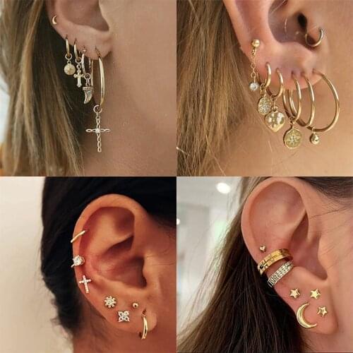 New Star Moon Cross Heart Shaped Water Drop Pendant Earring Set Ladies Fashion Retro Boho Geometric Stud Earrings Girl Jewelry