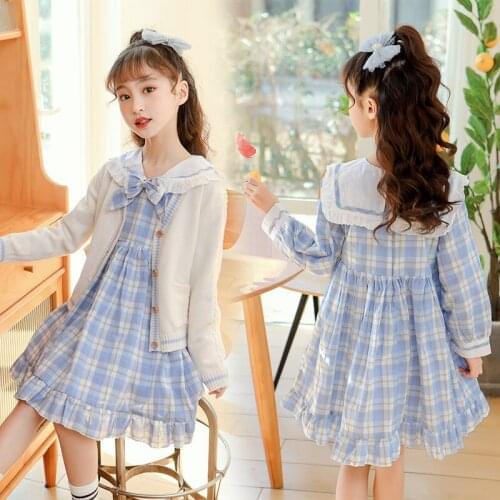 New spring and autumn girls long-sleeved dress French cotton plaid dress, big childrens performance dance dress princess dress