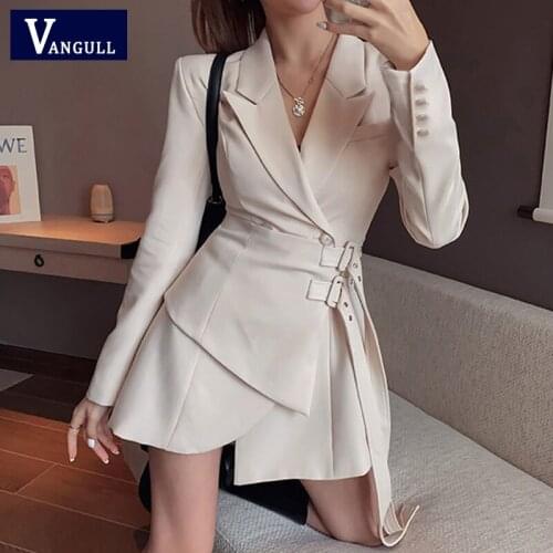 Vangull Notched Collar Blazer Dress Women Party Fashion Ladies Elegant Irregular Dress Long sleeve Buckle Lace Up Mini Dress