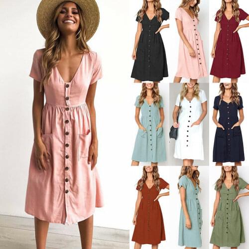 UK Womens Summer Button Midi Dresses Ladies Short Sleeve V-neck Pocket Sun Dress