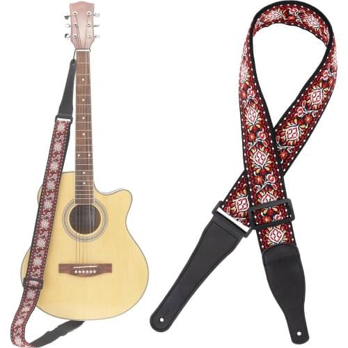 Guitar Strap Jacquard Weave Double Fabric Flower Pattern Genuine Leather Ends with for Acoustic Electric Guitar Bass