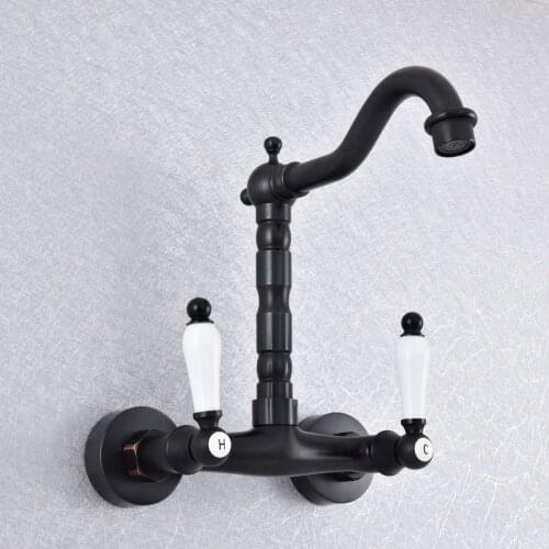 Kitchen Wet Bar Bathroom Vessel Sink Faucet Black Oil Rubbed Brass Wall Mounted Swivel Spout Mixer Tap Dual Ceramic Lever msf754