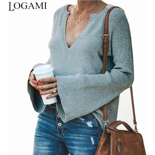 LOGAMI V Neck Flare Sleeve Knitted Sweater Soft Casual Autumn Pullover Women New Arrival Sweater Woman Winter 2019