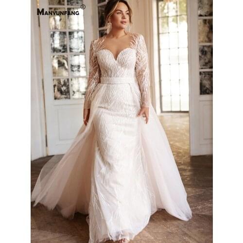 High-End Embroidery Appliques Tulle O-Neck Mermaid Wedding Dress Custom Made Full Sleeve Detachable Train 2 IN 1 Bridal Gown