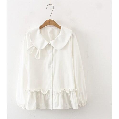 Japanese Mori Girls Kawaii Blouse Women Sweet Rabbit Ears Peter Pan Collar White Doll Shirts Cute Ruffle Long Sleeve Cotton Tops