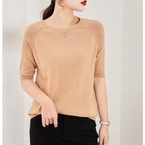T-shirt womens 2021 summer new style pure cotton knitted short-sleeved round neck loose casual short pure color pullover T-shir