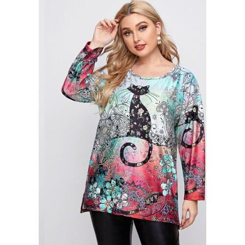 2021 Spring Autumn Casual T Shirt Women O Neck Long Sleeve Floral Cat Print Tee Shirt Loose Oversized Plus Size Women Clothing
