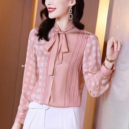 Office Lady Shirt Pink Elegant Bow Stand Collar Long Sleeve Loose Women Tops Plaid Striped Print Female Real Silk Satin Blouse